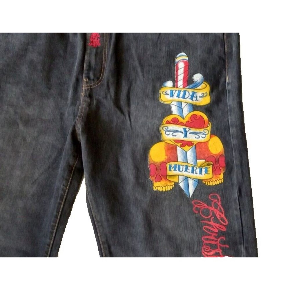 Christian Audigier Embroidered Baggy Hip Hop Jeans Vida Y Muerte Size 42x34